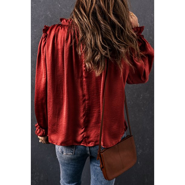 ABPHQTO Blusa de mujer con volantes en el cuello y manga larga roja