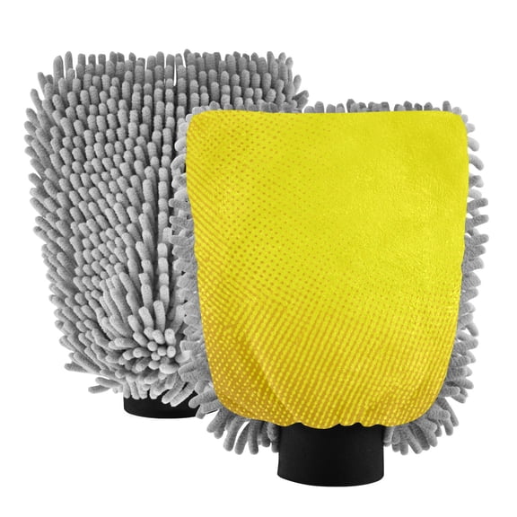 Microfiber Car Wash Gloves With Chenille & Polyester Terry Scratch-Free Cleaning Elastic Cuffs Yellow Background