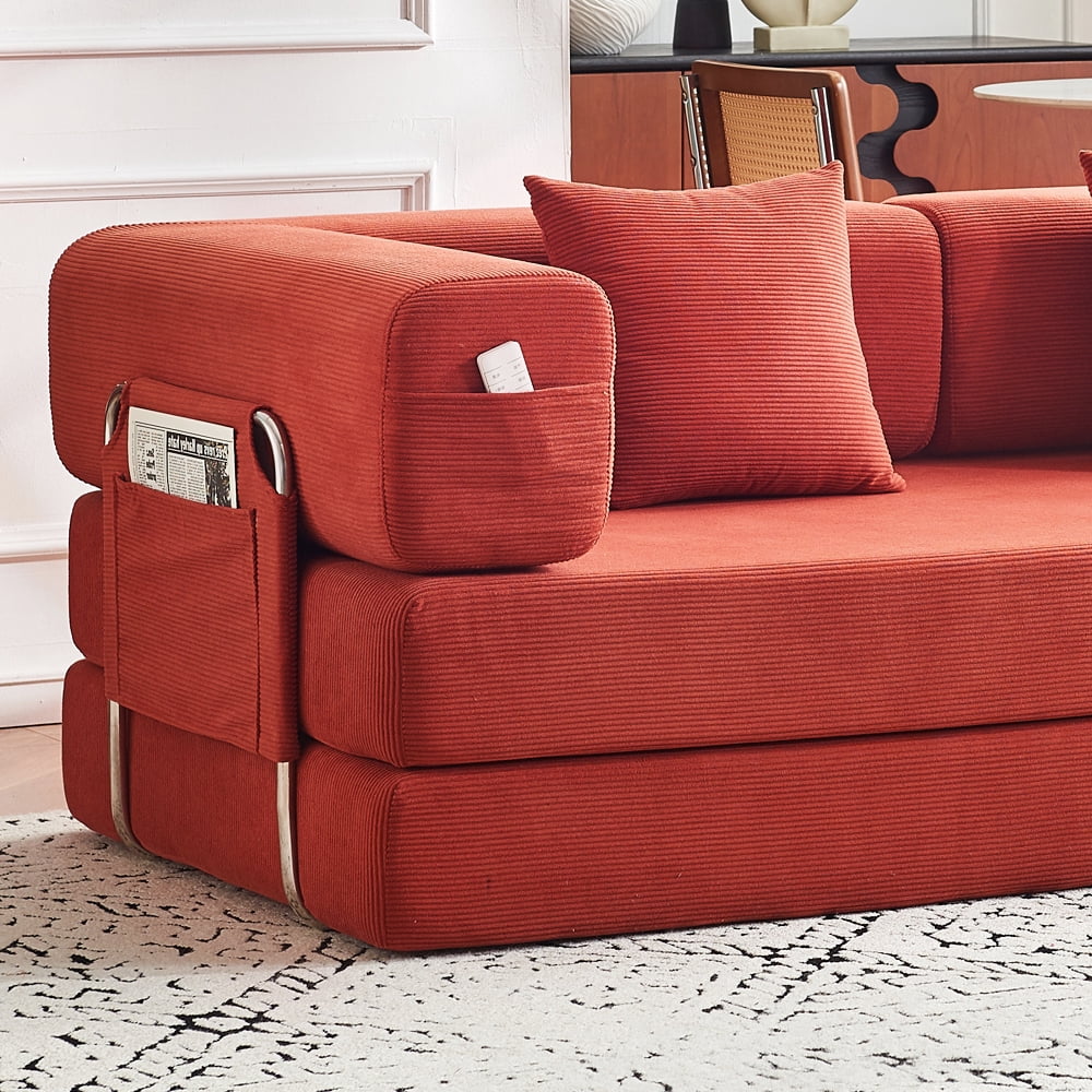 79" Convertible Sofa Bed ,CARZZI LIFE Compressed Floor Boneless Couch Modular Corduroy Sleeper Sofa, Folding Mattress Couch for Small Spaces - No Assembly Needed in Orange with Storge