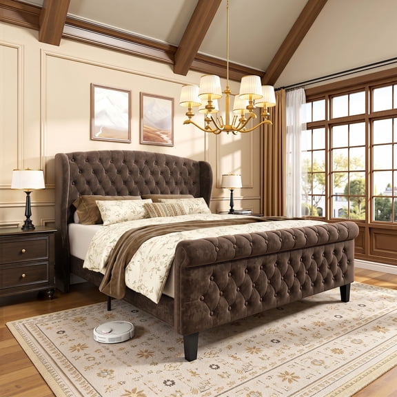 Sailvan Queen Size Sleigh Bed Frame Upholstered in Chenille with High Offset/Tufted Headboard and Footboard with Button Tufting, No Box Spring Needed