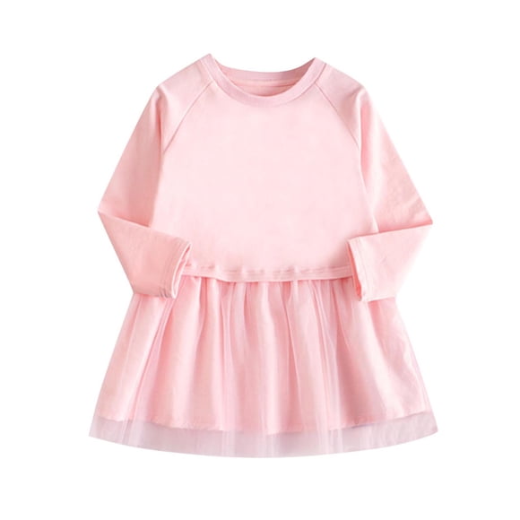 Odeerbi Niñas Manga Larga Algodón Vestido Tul Primavera Otoño Color Sólido Cuello Redondo Malla Splicing Vestido Suelto