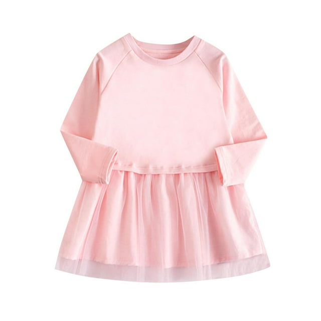 Odeerbi Niñas Manga Larga Algodón Vestido Tul Primavera Otoño Color Sólido Cuello Redondo Malla Splicing Vestido Suelto