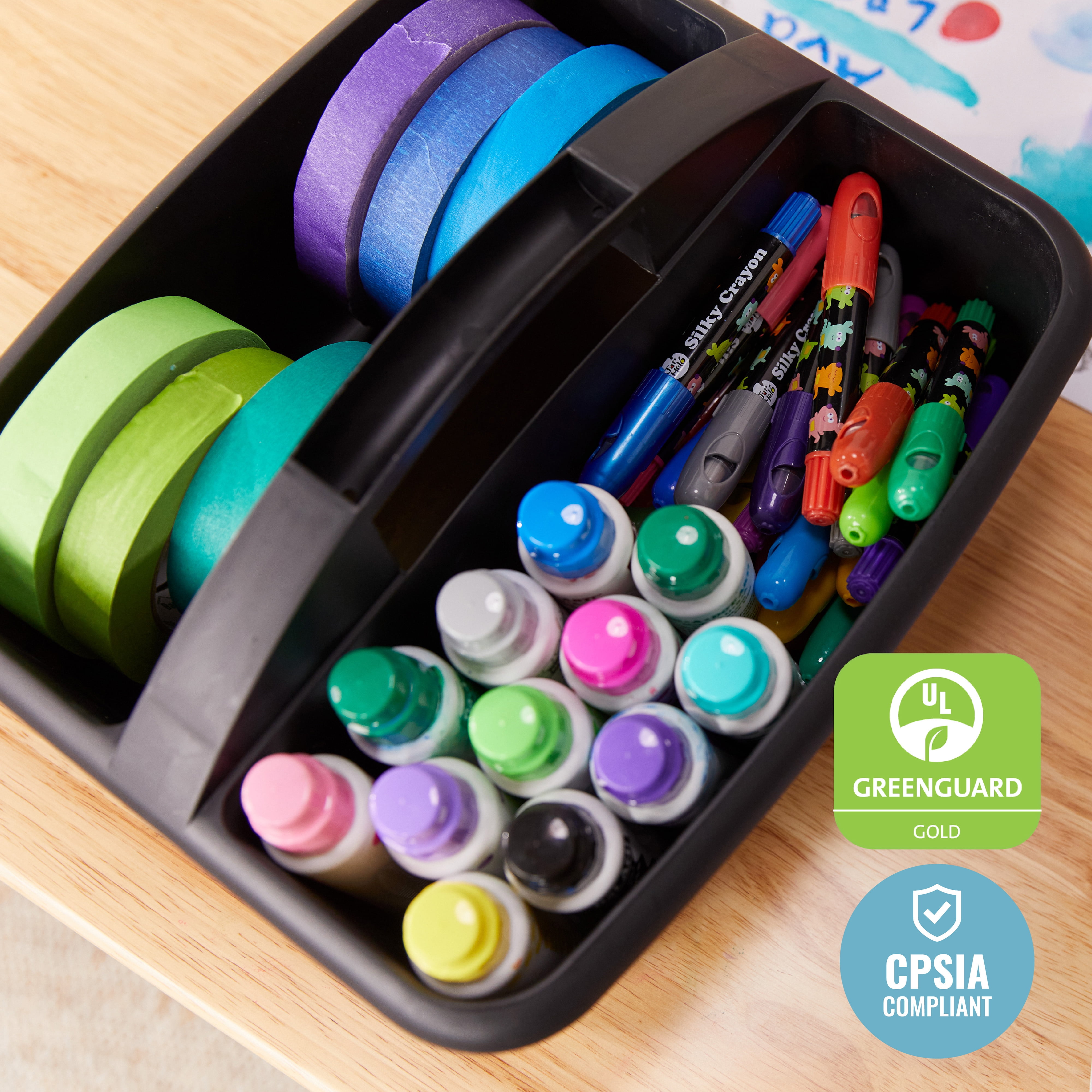 ECR4Kids 2-Compartment Large Plastic Caddy, Multipurpose Organization, Black, 6-Pack
