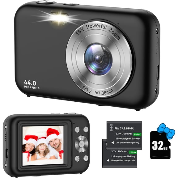 Digital Camera Kids Camera with 32GB Card FHD 1080P 44MP Vlogging Camera 16X Digital Zoom Portable Camera (Black)