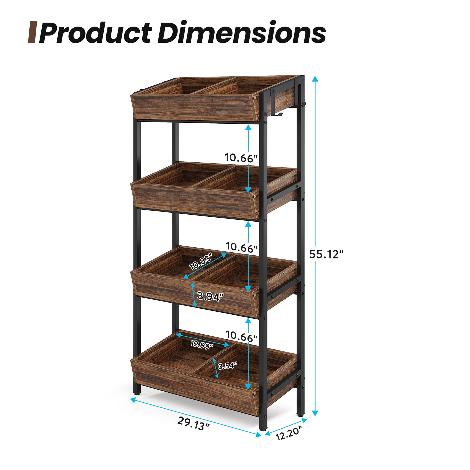 MAYEERTY 8-Bin Fruit Vegetable Storage Rack Wooden Stand for Kitchen & Supermarket