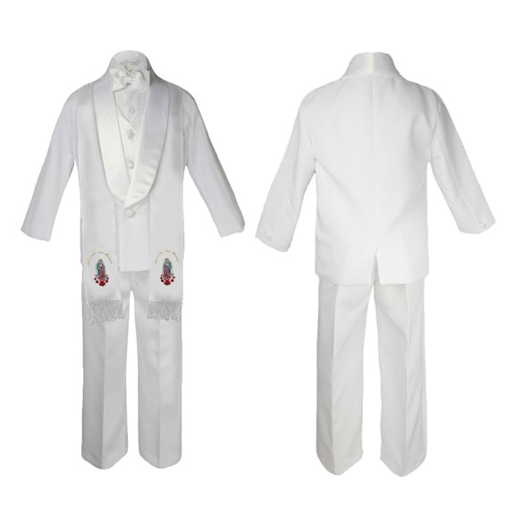 New Born Baby Boy Teen Christening Communion Formal White Paisley Suit Silver or Gold Guadalupe Virgin Mary Maria On Stole SM-20