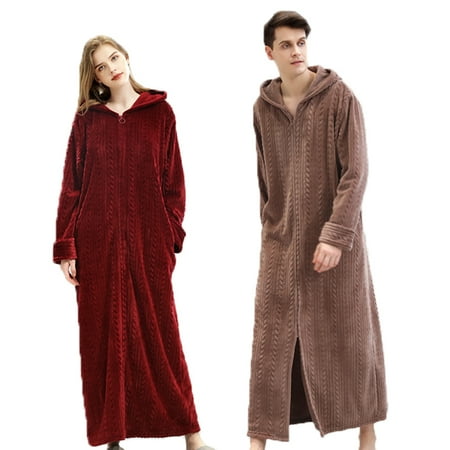 

Men s and Women s Pajamas Flannel Thick Loose Zipper Couple Long Bathrobe Home Service Nightgown Wine red XL