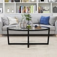 thumbnail image 4 of Gymax Modern Glass Coffee Table w/ Cross Base & Acacia Wood Legs for Small Spaces, 4 of 10