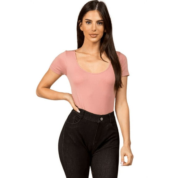 Women's Scoopneck Short Sleeve Seamless Bodysuit, Rose