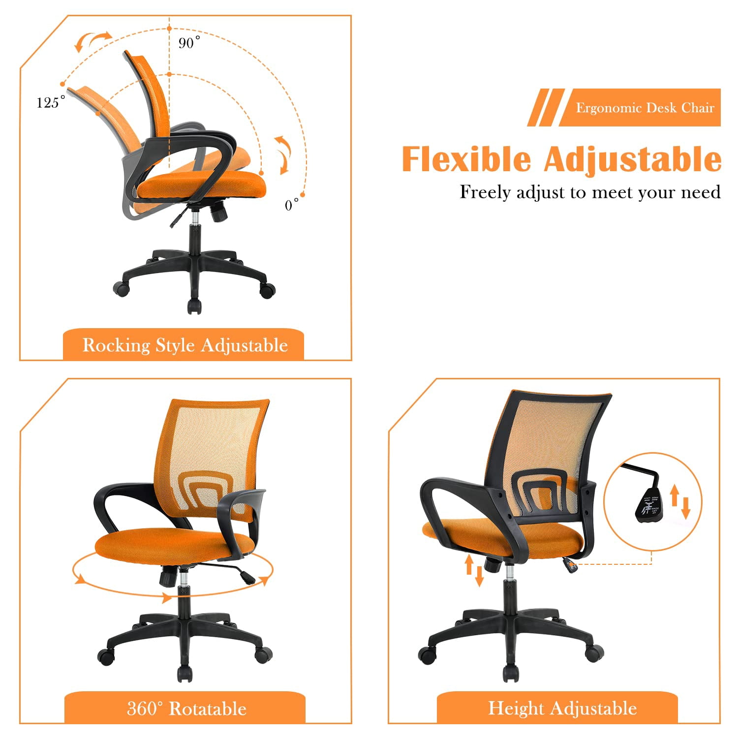 CL.HPAHKL Mesh Computer Desk Chair, Ergonomic Office Chair with Lumbar Support & Armrests Mid Back Swivel Rolling Task Chair for Home Office Study Gaming, Orange