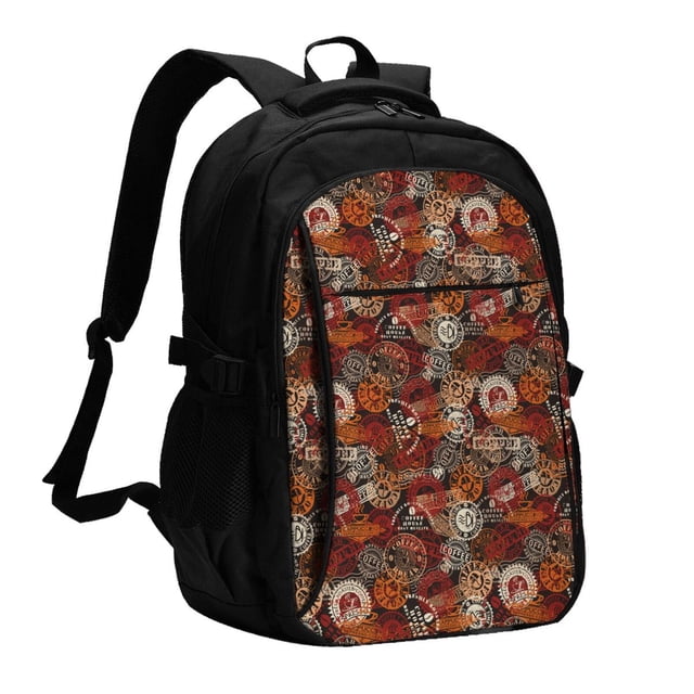 Fotbe Coffee Stamp Mochila con Estampado y Puerto USB para Hombre y Mujer, Mochila Antirrobo, Mochila de Viaje, Mochila Escolar, Mochila Universitaria