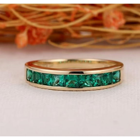 Emerald Wedding Band Ring Half Eternity Matching Stacking Promise Ring 925 Sterling Silver Yellow Gold Plated Gemstone Jewelry For Women Gift