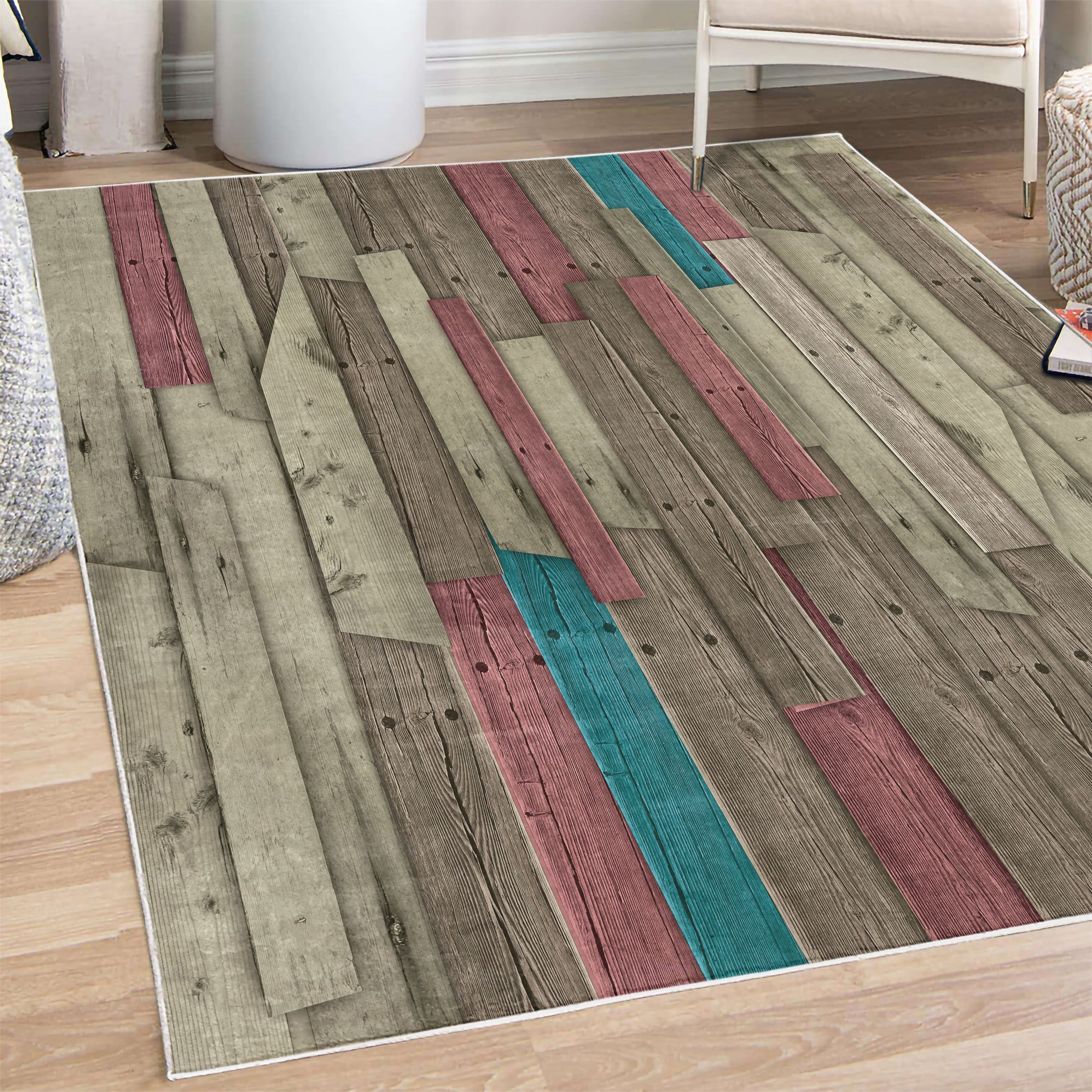 Rustic Decorative Rug, Grunge Wood Planks Barn House Door Nails Country ...