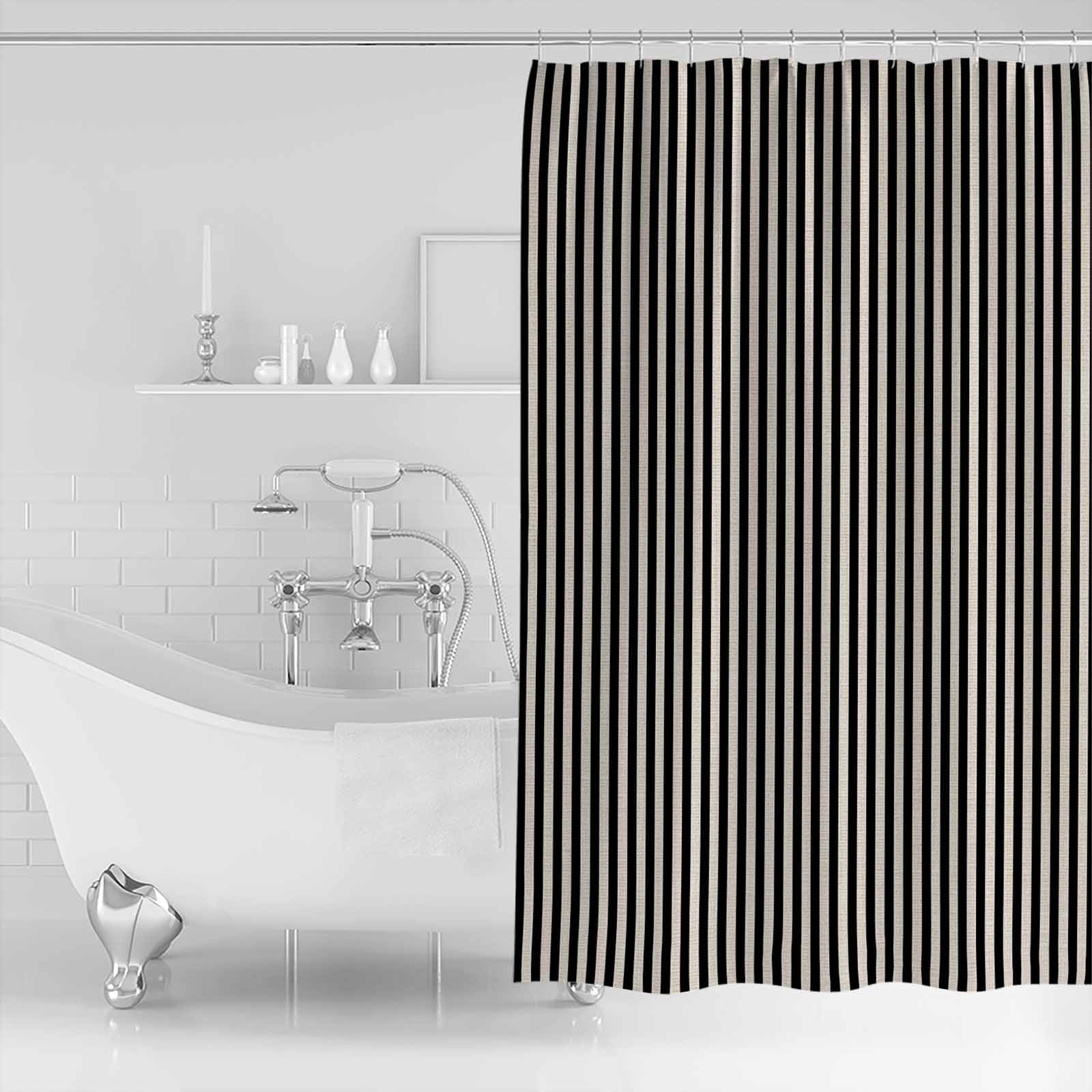 Extra Long Shower Curtain 72x84 Inch, Black Striped Shower Curtain Waterproof Bathroom Decor Modern Simple Farmhouse Beige Vintage Fabric Bath Curtain Set Accessories with Hooks