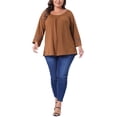 thumbnail image 2 of Agnes Orinda Women's Plus Size Tops Long Sleeve Crochet Panel Hollow Out Pleated Casual Tunics Blouse 3X Brown, 2 of 5