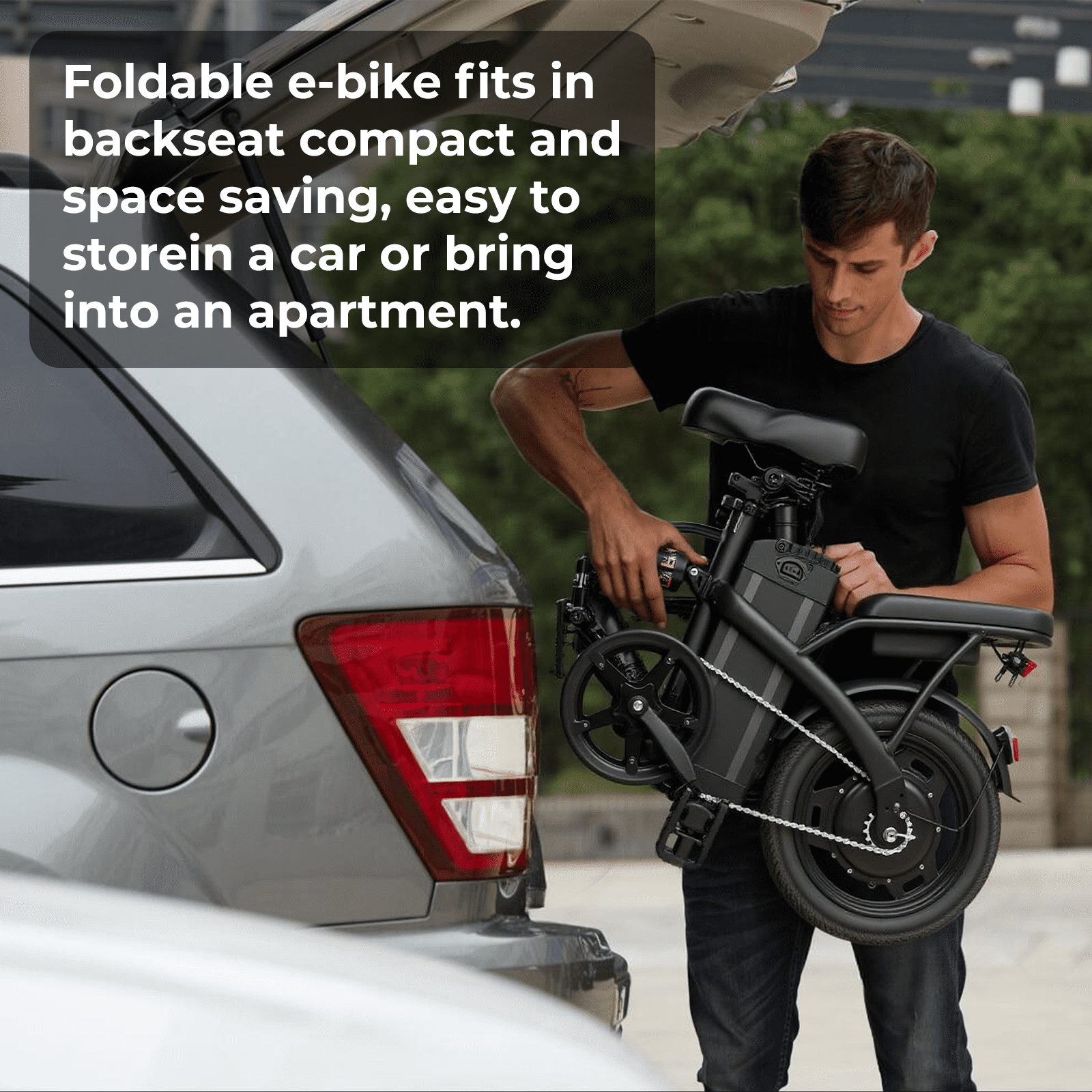 Portable Terrosor Electric Bicycle - 14" Foldable Design, Dual Disc Brakes, 20mph Max Speed, Includes Storage Basket