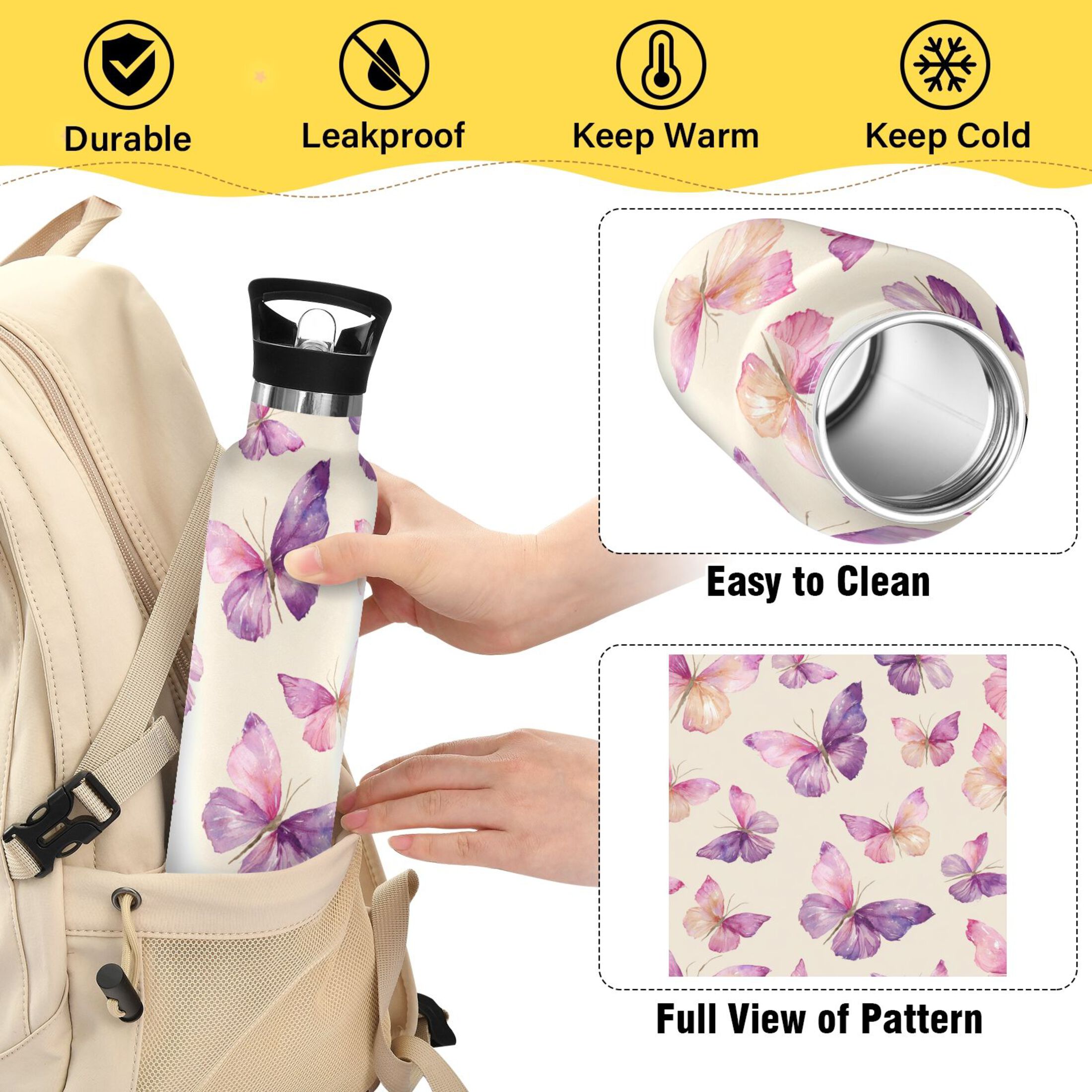 600ML Stainless Steel Insulated Cup Sports Water Bottle Portable Thermos Cup Water Glasses Insulated Tumblers Convenient and Durable Beautiful Purple Butterfly