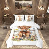 Castle Fairy Highland Cow 7 Pieces Bedding Comforter Set,Kawaii Animal Full Bedding Set Lightweight,Watercolor Flower Fitted Sheet Flat Sheet,Ultra Soft Floral Home Decor,Reversible