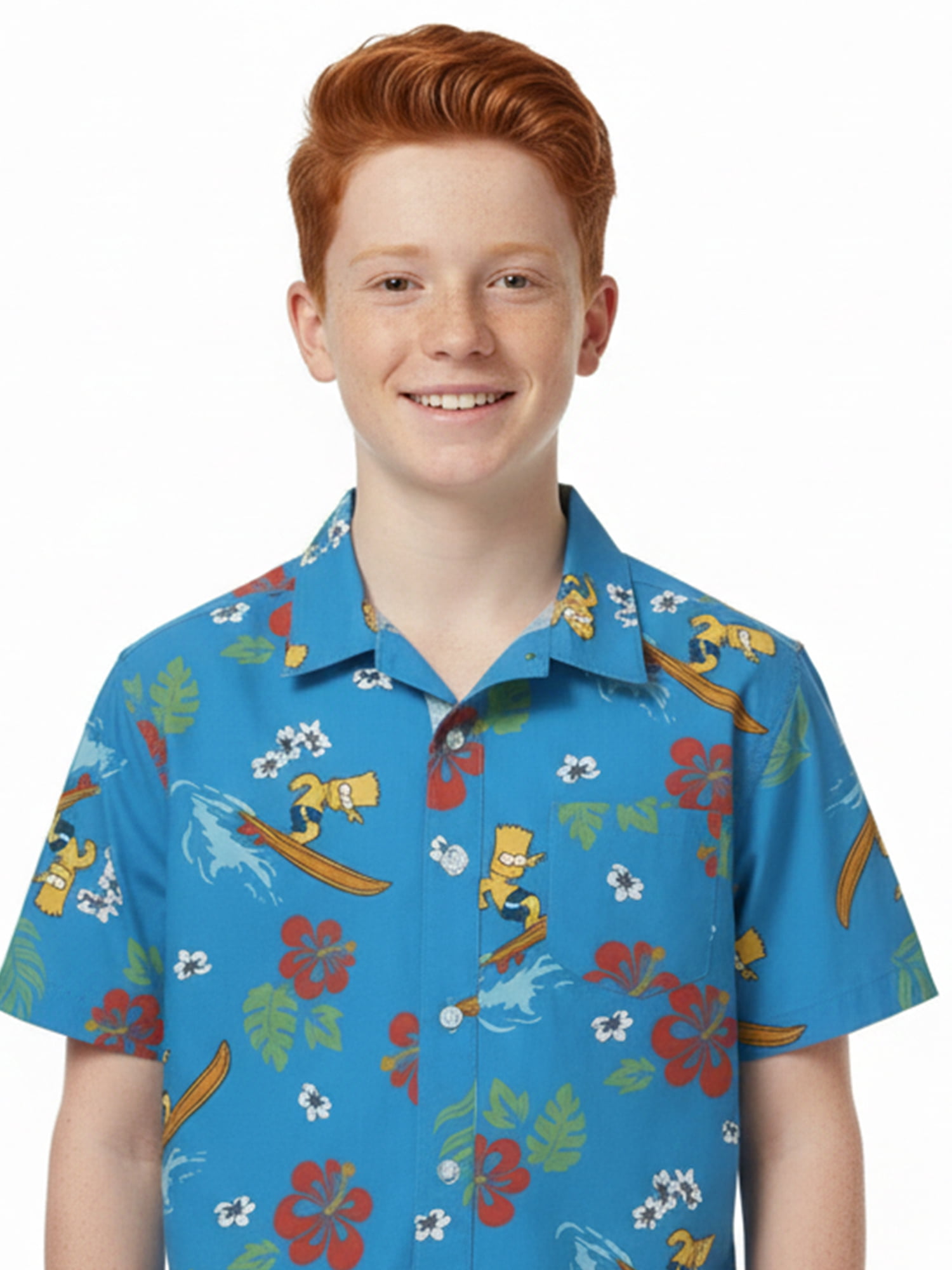 The Simpsons Boys Graphic Button Up Resort Shirt with Short Sleeves, Sizes 4-18