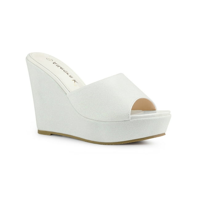 BLISSFUL STEP Women Glitter Platform Slip on Wedge Heels Sandals White 8