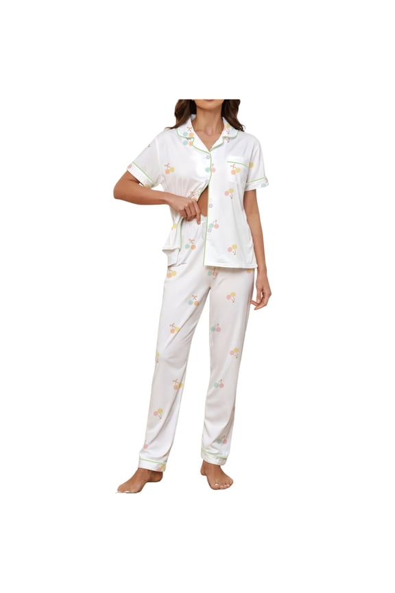 Women's Printed Pajamas 2 Piece Short Sleeve Button Down Pjs Long Pants Loungewear Set