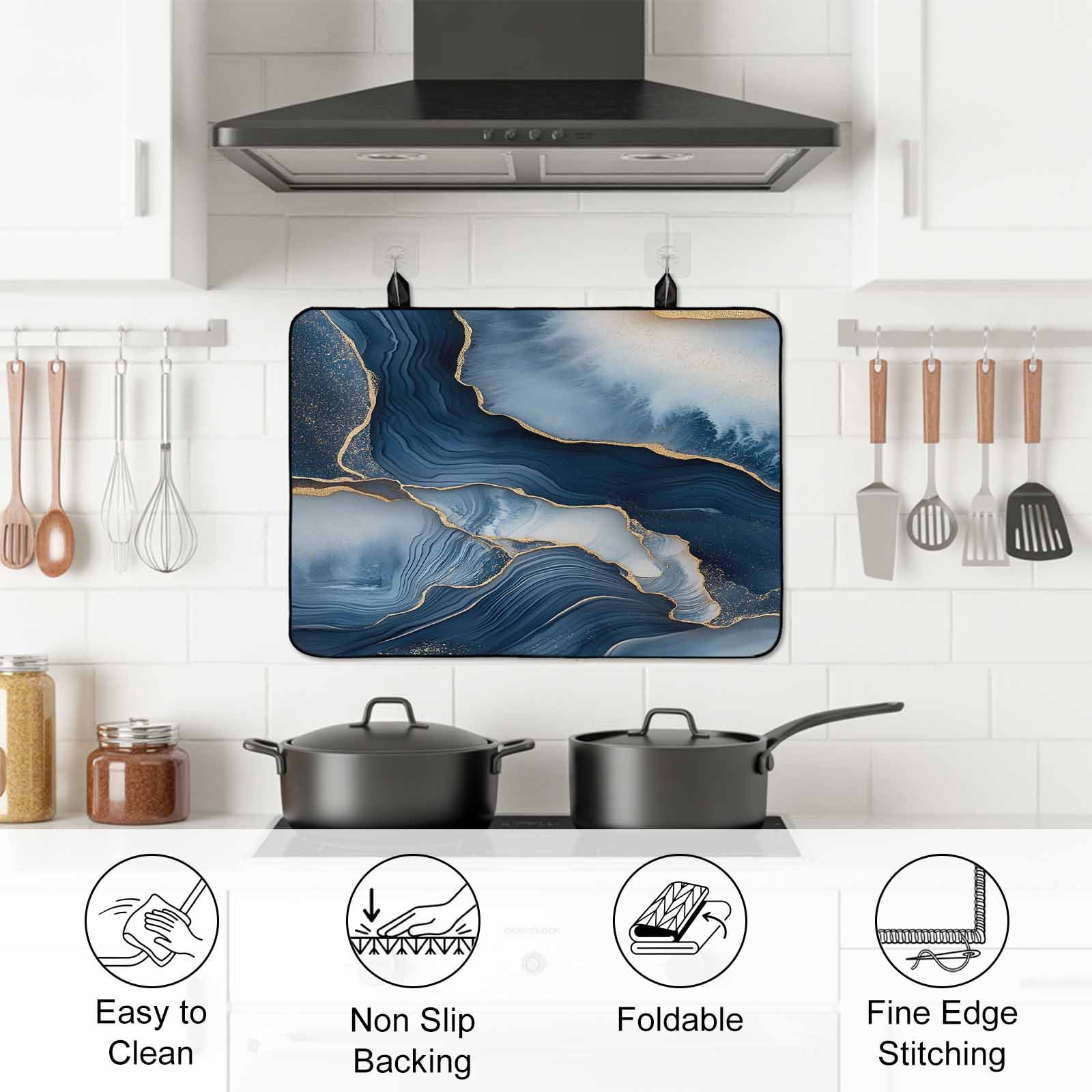 Navy Blue Marble Stove Top Cover for Electric Stove, Heat-proof & Non Slip Glass Top Stove Cover Protector, Modern Ink Painted Artwork Kitchen Flat Cooktop Rubber Mat 24x21 Inches