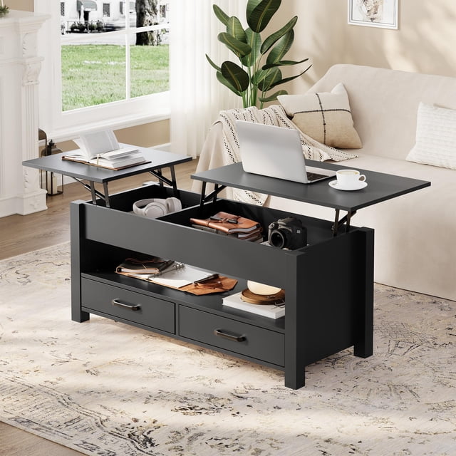 47.2 Inch Lift Top Coffee Table, Adjustable Height Wooden Center Table with 2 Drawers, Hidden Compartment and Open Shelf for Living Room Home Office