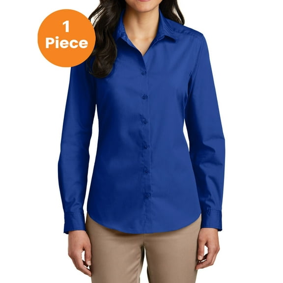 Port Authority LW100 Ladies Long Sleeve Carefree Poplin Shirt, True Royal, XS, Womens Button Down Shirts