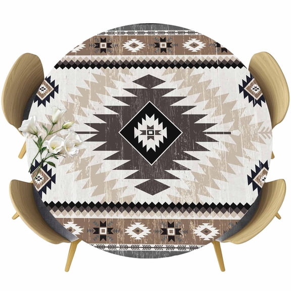 Brown Beige Boho Round Tablecloth, Fitted Table Cover with Elastic for 55"-60" Round Tables, Abstract Southwestern Ethnic Geometric Table Cloth Outdoor Indoor Dinning Party Waterproof Tablecloths