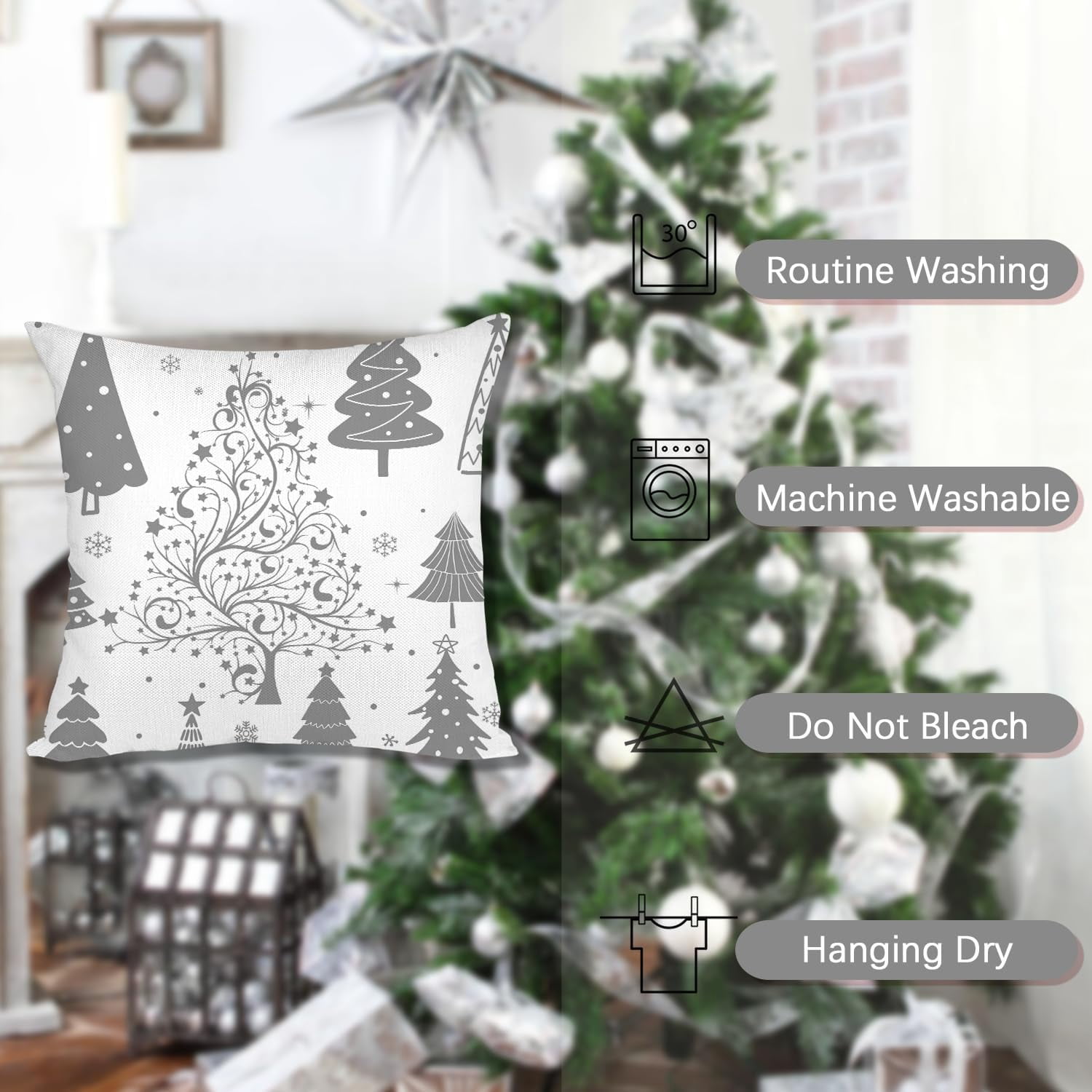 Grey Christmas Throw Pillow Covers 20x20 Set of 4 Christmas Decoration Trees Deer Snowman Merry Christmas Decorative Holiday Farmhouse Pillow Covers for Holiday Christmas Decoration
