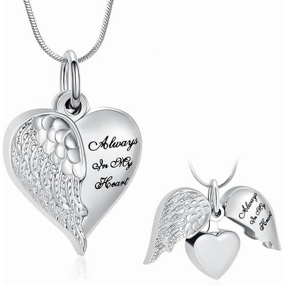 Angel Wing Heart Shape Urn Necklace for Human Ashes -Always in My Heart -Cremation Urn Necklace Stainless Steel Memorial Ash Jewelry for Women