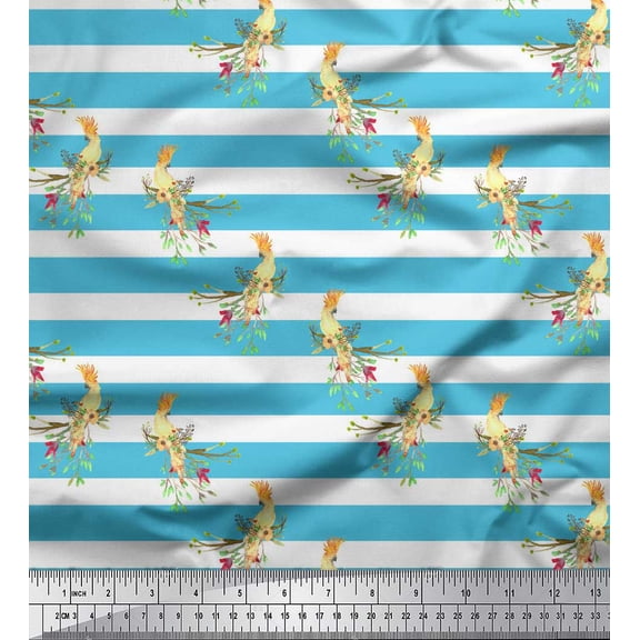 Soimoi Blue Cotton Duck Fabric Stripe & Victoria Pigeon Bird Printed Craft Fabric by the Yard 42 Inch Wide