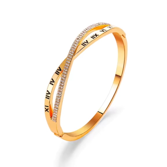Elegant & Sleek Gold Plated Roman Numeral Cuff Bangle Bracelet with Crystal Accents