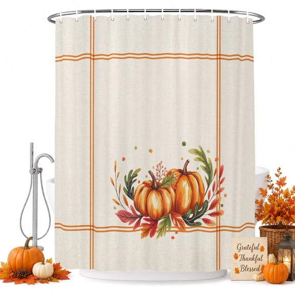 Thanksgiving Pumpkin Shower Curtain Set with Hooks, Fall Maple Leaf Sturdy Water Repellent Shower Curtains for Bathroom Bathtub, Machine Washable 72x78 Inch