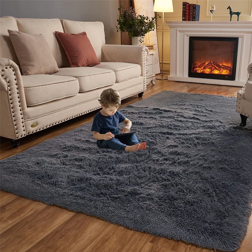 Fluffy soft bedroom living room rug, dark gray shag rug 6 X 9 feet