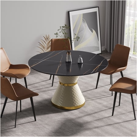 JERFIT 6-Person Round Dining Table with Sintered Stone Top and Carbon Steel Pedestal Base, Modern Kitchen Table for Dining Room