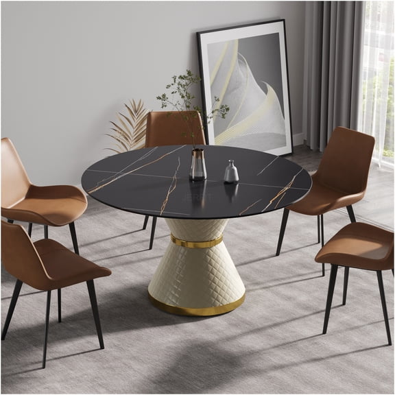 JERFIT 6-Person Round Dining Table with Sintered Stone Top and Carbon Steel Pedestal Base, Modern Kitchen Table for Dining Room