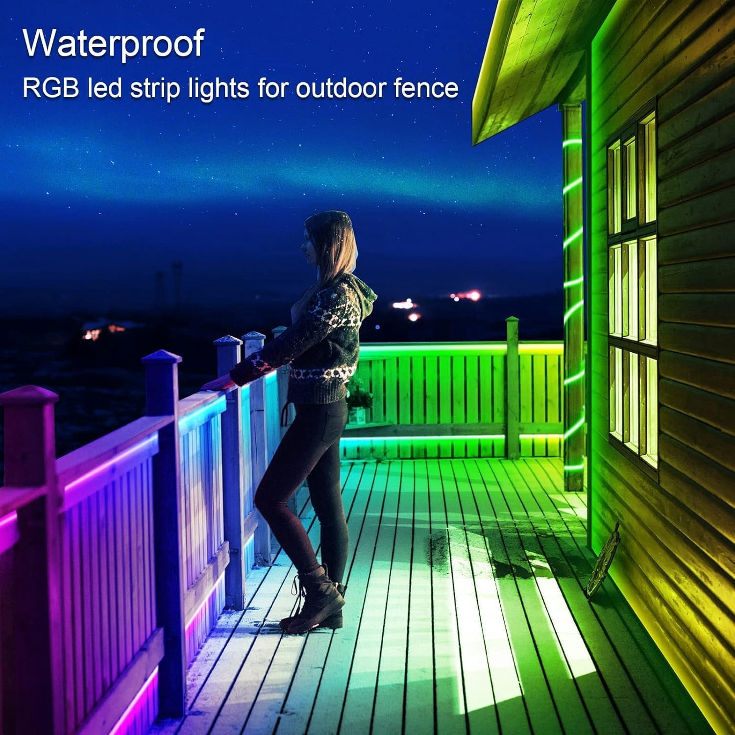 50ft Outdoor LED Strip Lights Waterproof with self-Adhesive Back,IP68 Outside Led Lights Strips Waterproof with Bluetooth App Remote,Music Sync RGB Exterior Led Rope Lights,for Balcony,Deck