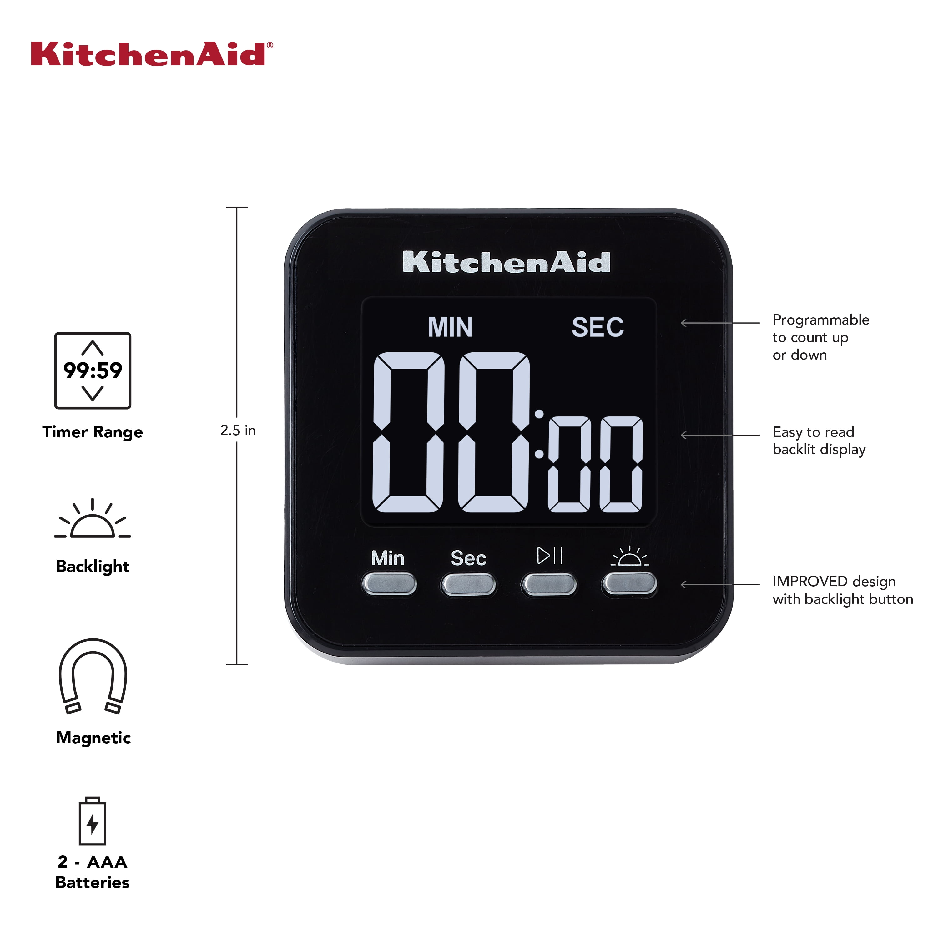 KitchenAid Digital Single Event Magnetic Timer, Cooking, Classroom, Egg Timer, Black, KQ912
