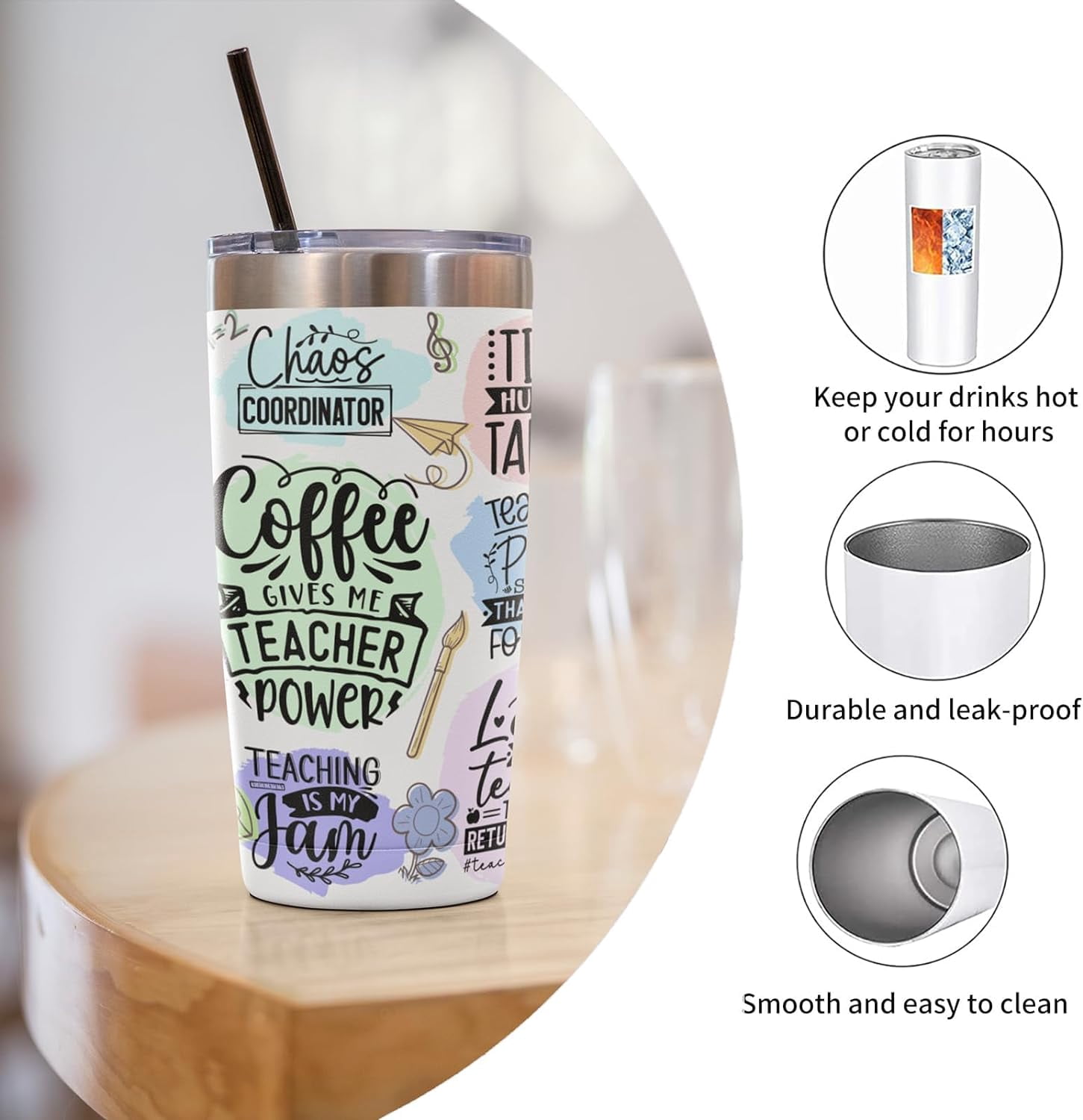 Teacher Appreciation Gifts for Women - 20 Oz Insulated Tumbler, Mug, and Cup, Graduation Gifts from Students, Birthday Gifts for Teacher(Coffee gives me teacher power)