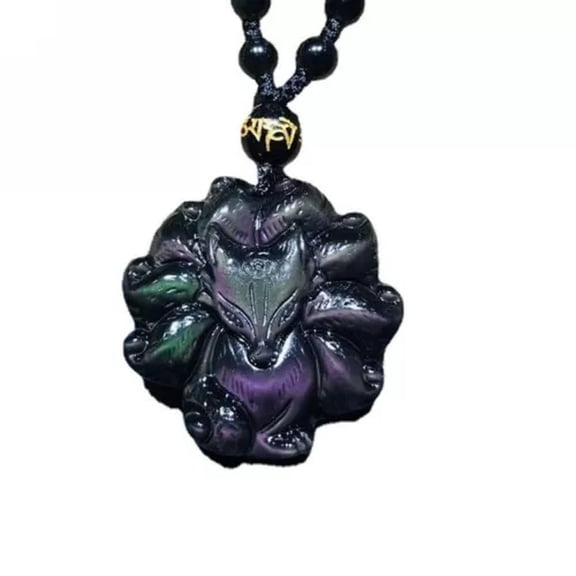 K-KED Natural black Obsidian Crystal Nine Tail fox Necklace Pendant bead with Chain-rainbow 2