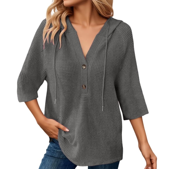 oqasdz Sweatshirt for Women Knit Quarter Sleeve Button Front Pullover Solid Color Loose Lightweight Top Versatile Casual Outdoor