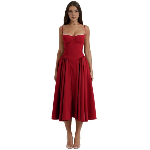 Women'S 2025 Summer Dress Spaghetti Strap Boho Fit Slim Fit Beach Sundress Red S