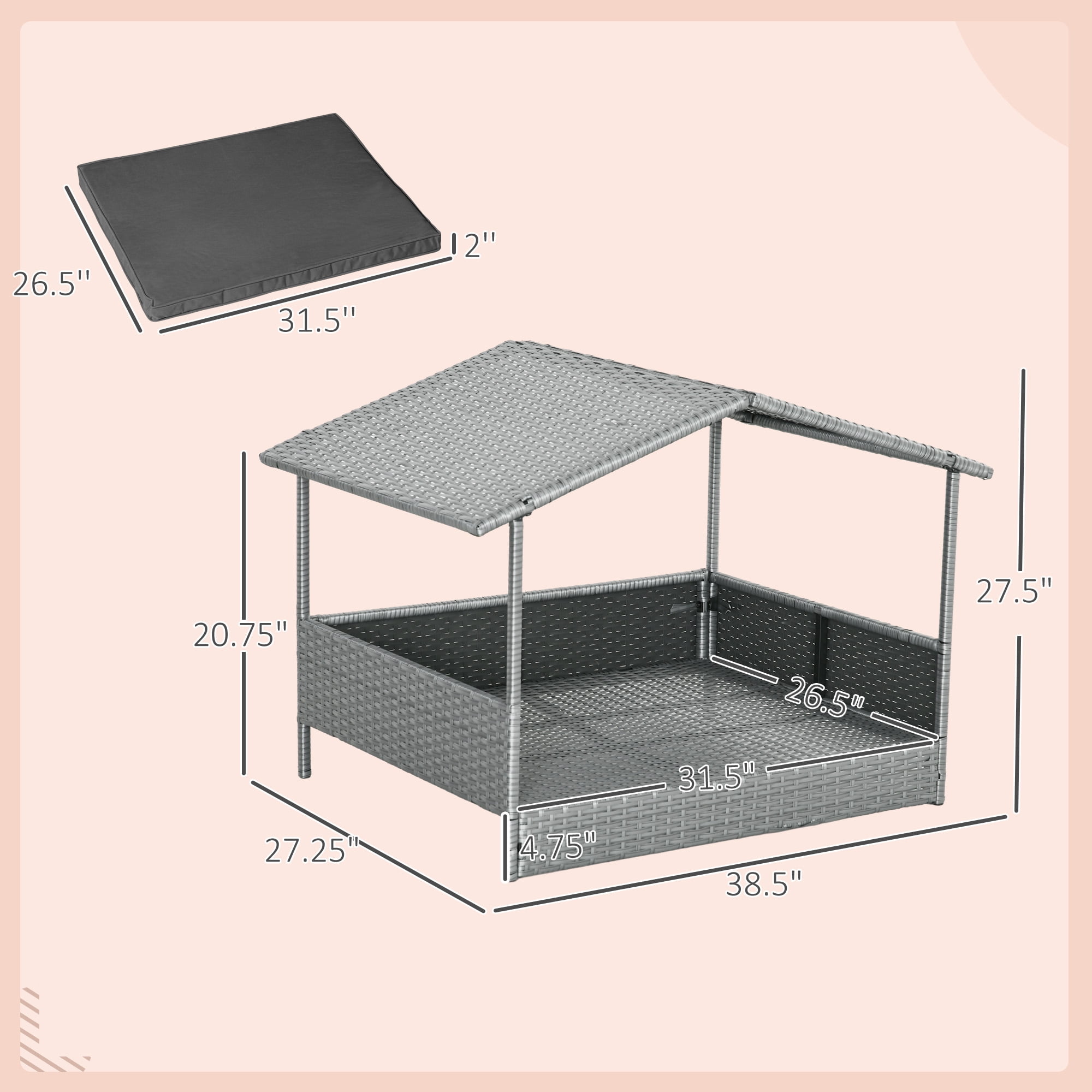 TOPCOMFY Wicker Dog House with Canopy Elevated Bottom Water Resistant Cushion PE Rattan Indoor Outdoor Pet Bed Gray
