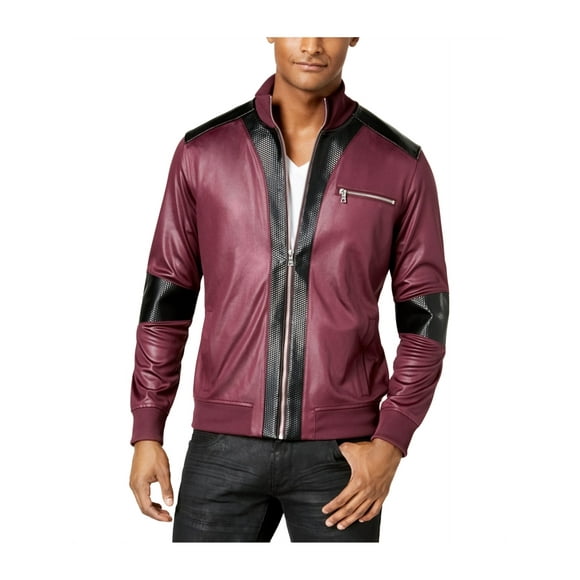 I-N-C Mens Faux Leather Trim Jacket darkred XL