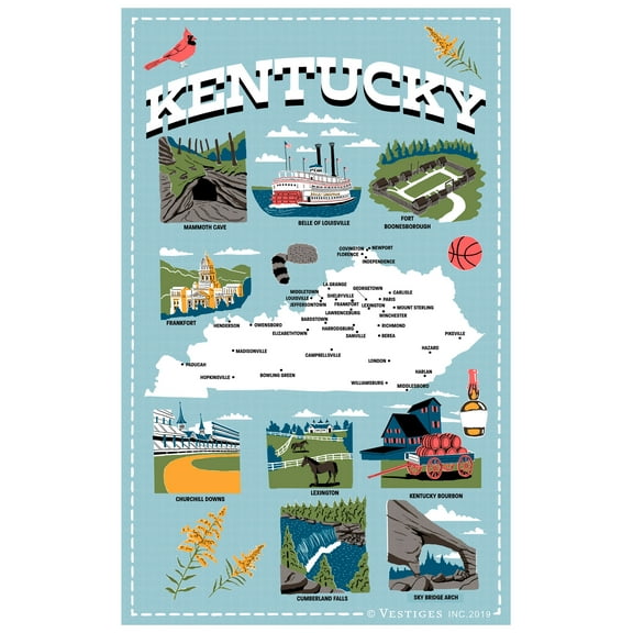 Vestiges Kentucky State Icons Souvenir Tea Towel 21.5" x 32" Eco-Friendly