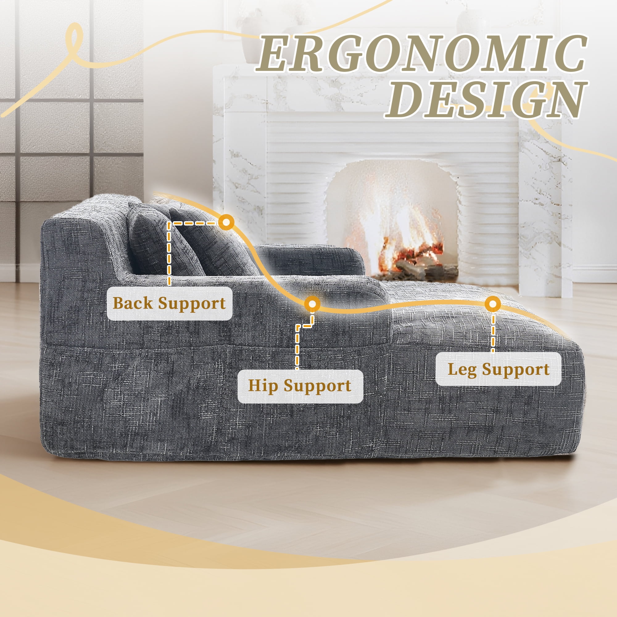 MOONMISS Oversized Chaise Lounge Chair Indoor Furniture, No Assembly Required, Plush Chenille Cloud Floor Sofa Bed for Living Room,Gray