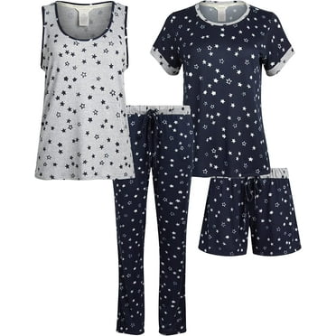Lucky Brand Women's Pajama Set 4 Piece Sleep Shirt, Tank Top, Pajama Pants, Lounge Shorts (Navy,M)