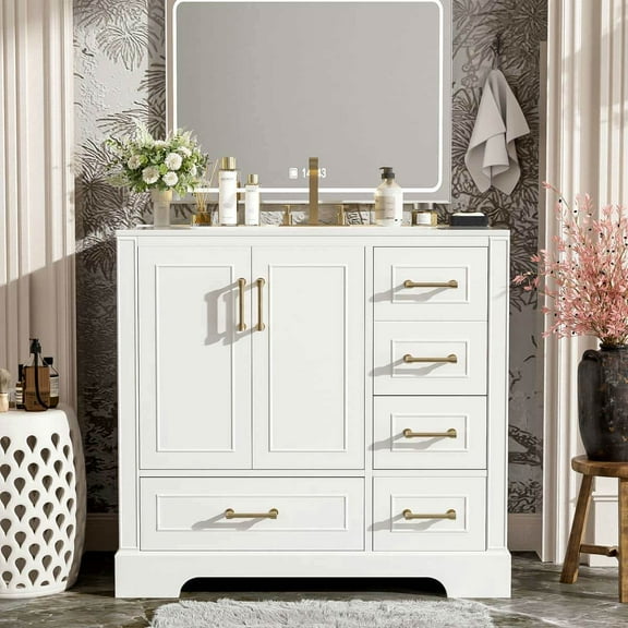 Kadyn Modern Bathroom Vanity,Bathroom Cabinet,36" Traditional Bathroom Vanity with Ceramics Sink, White Bathroom Cabinet with 2 Doors and 4 Drawers