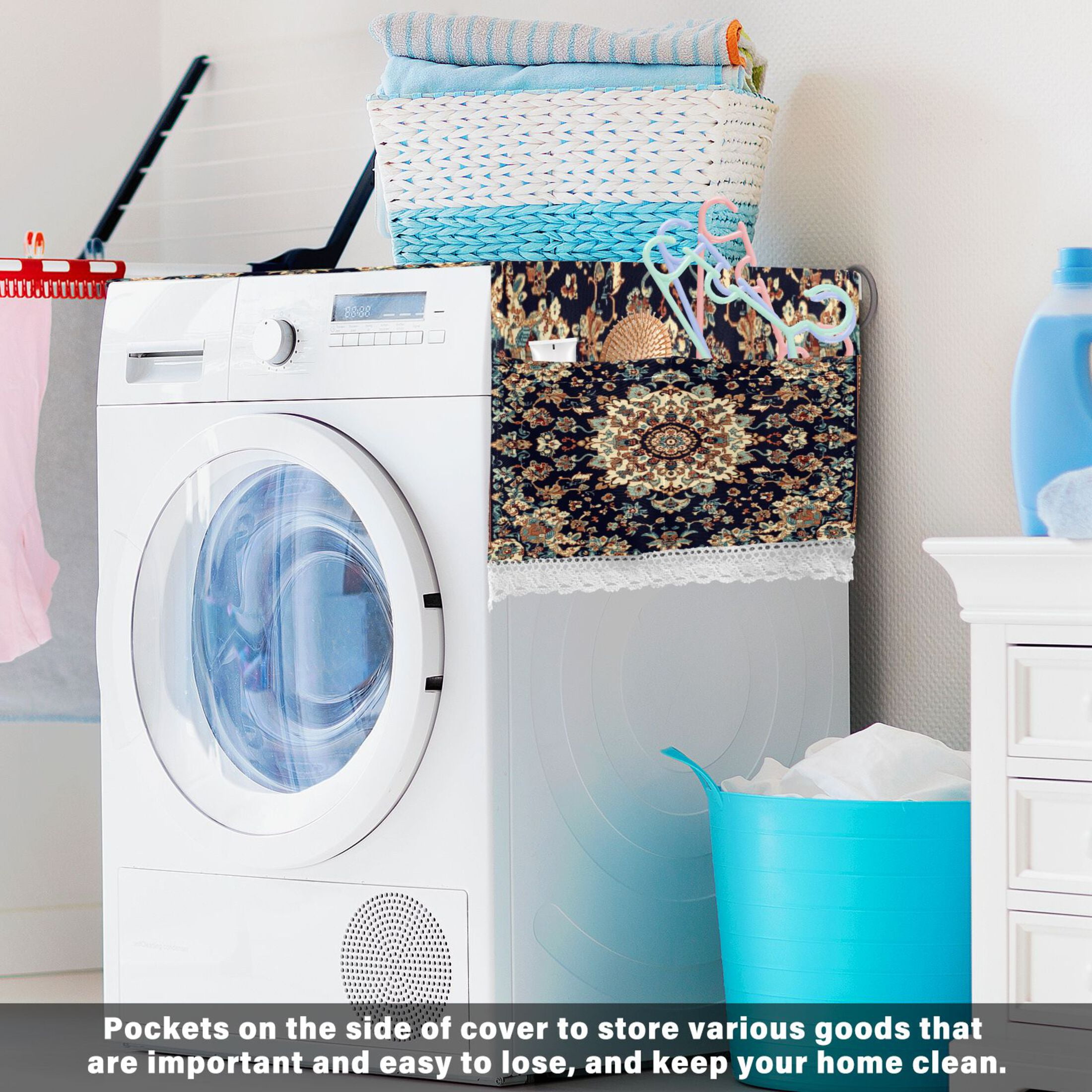 Carpet PatternsWasher and Dryer Covers Dust-Proof and Oil Resistant Fridge Cover with 4 Storage Pockets Washing Machine Top Cover for Laundry Kitchen Home 51.2 x 22 In